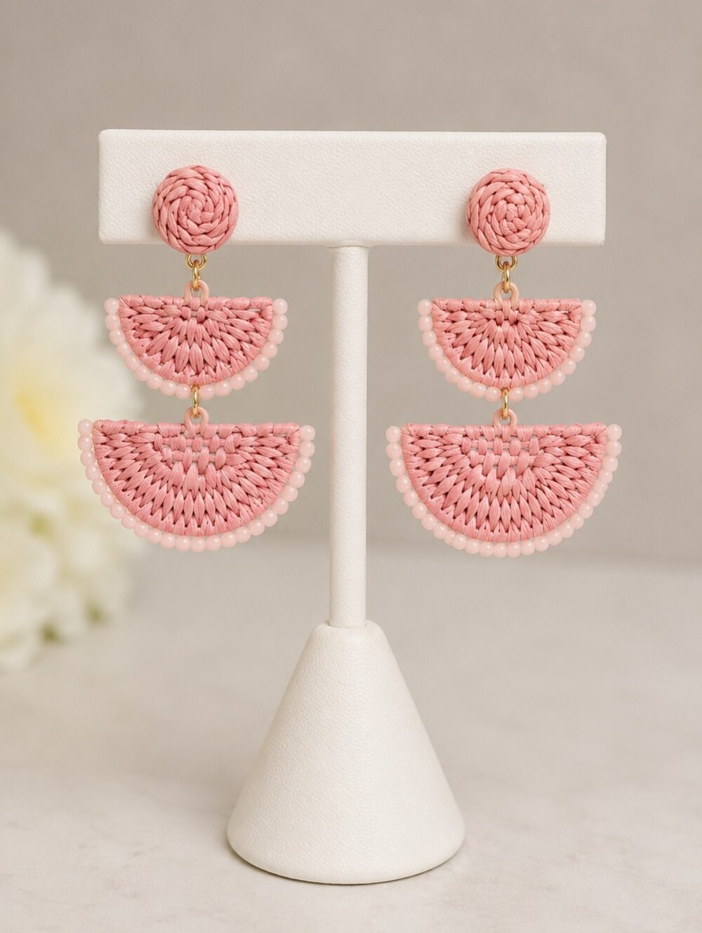 On 34th Gold-Tone Stone Bead & Woven Raffia Drop Earrings - NWT